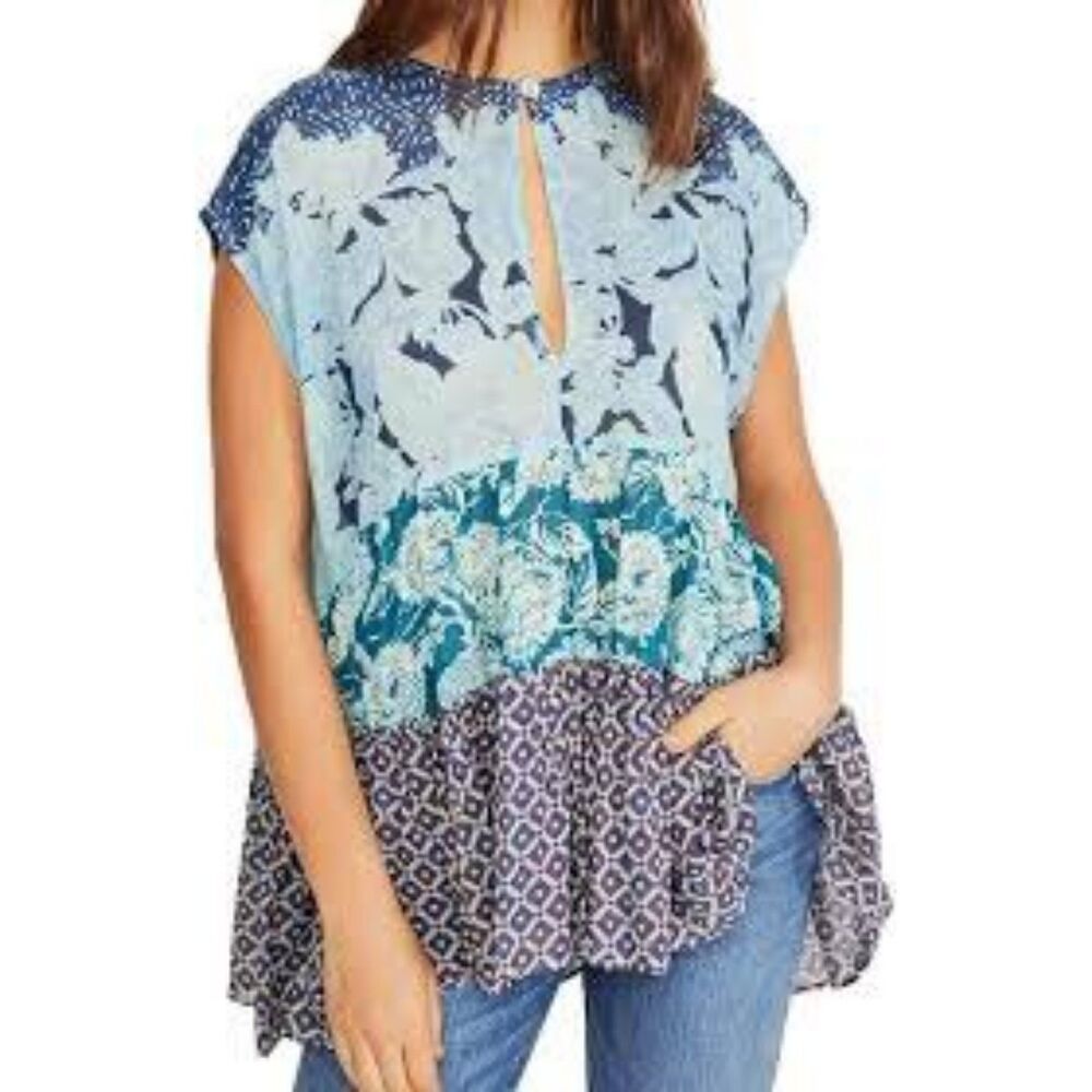 🧺Free People Gotta Have You Blue & Purple Floral Block Printed Blouse, XS